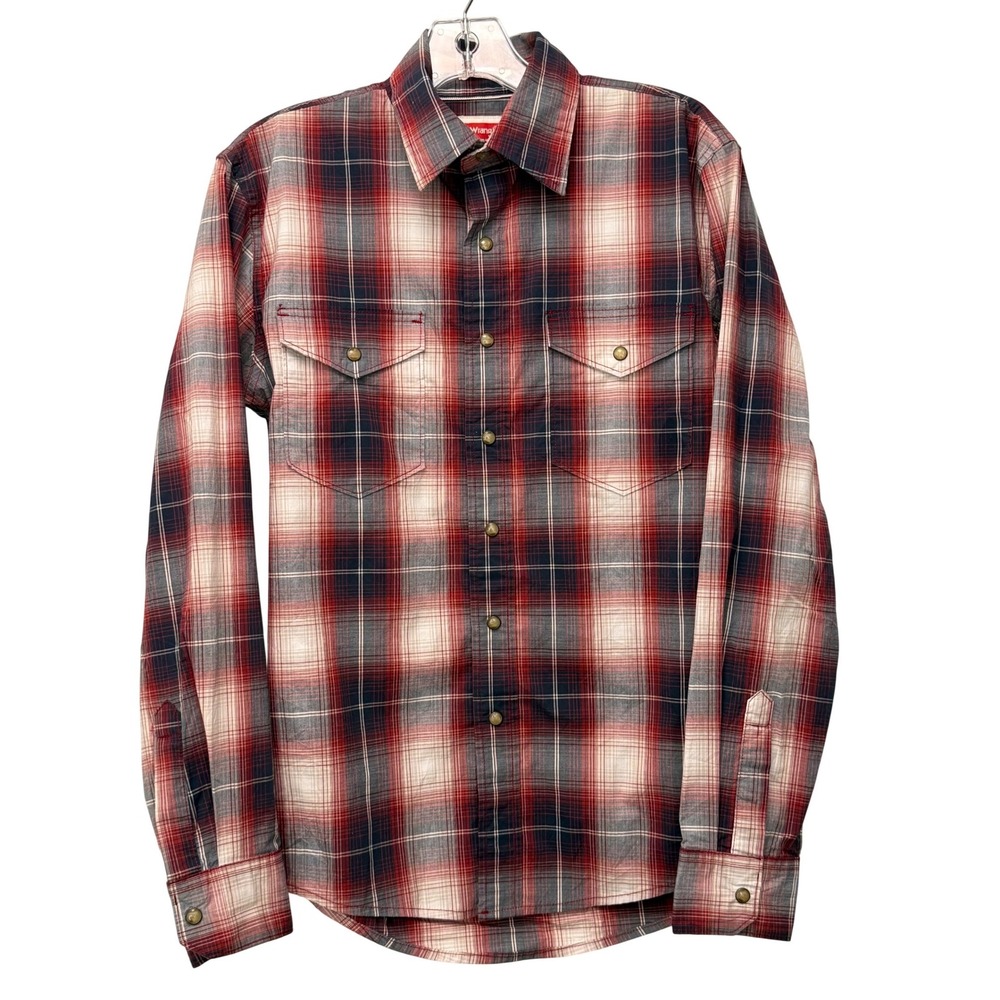 Wrangler Mens S Red Navy Blue Plaid Flex Long Sleeve Western Pearl Snap Shirt